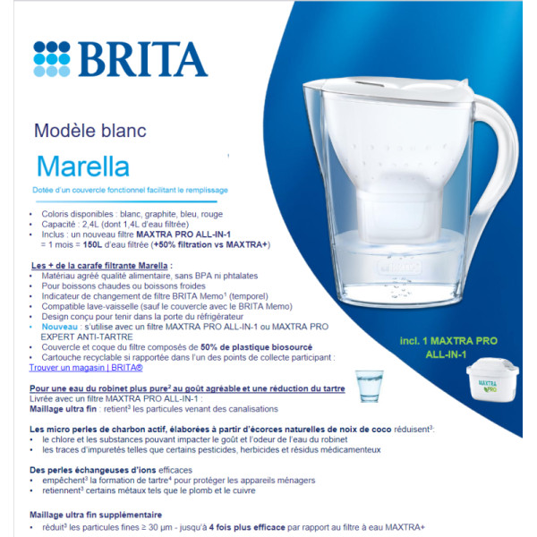 Marella. Carafe filtrante 2,4L blanche + cartouche Maxtra Pro All-in-1 - Brita | Art. 1051118 (Vue 2)