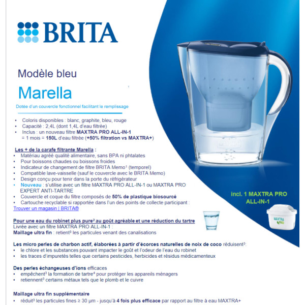 Marella. Carafe filtrante 2,4L bleue + cartouche Maxtra Pro All-in-1 - Brita | Art. 1051119 (Vue 3)