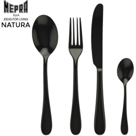 Natura. 24 couverts aspect inox poli brillant - Oro Nero (black) - Mepra