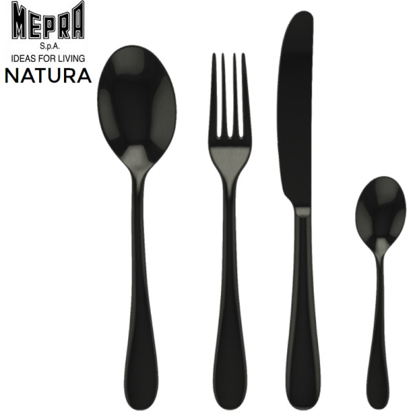 Natura. 24 couverts aspect inox poli brillant - Oro Nero (black) - Mepra
